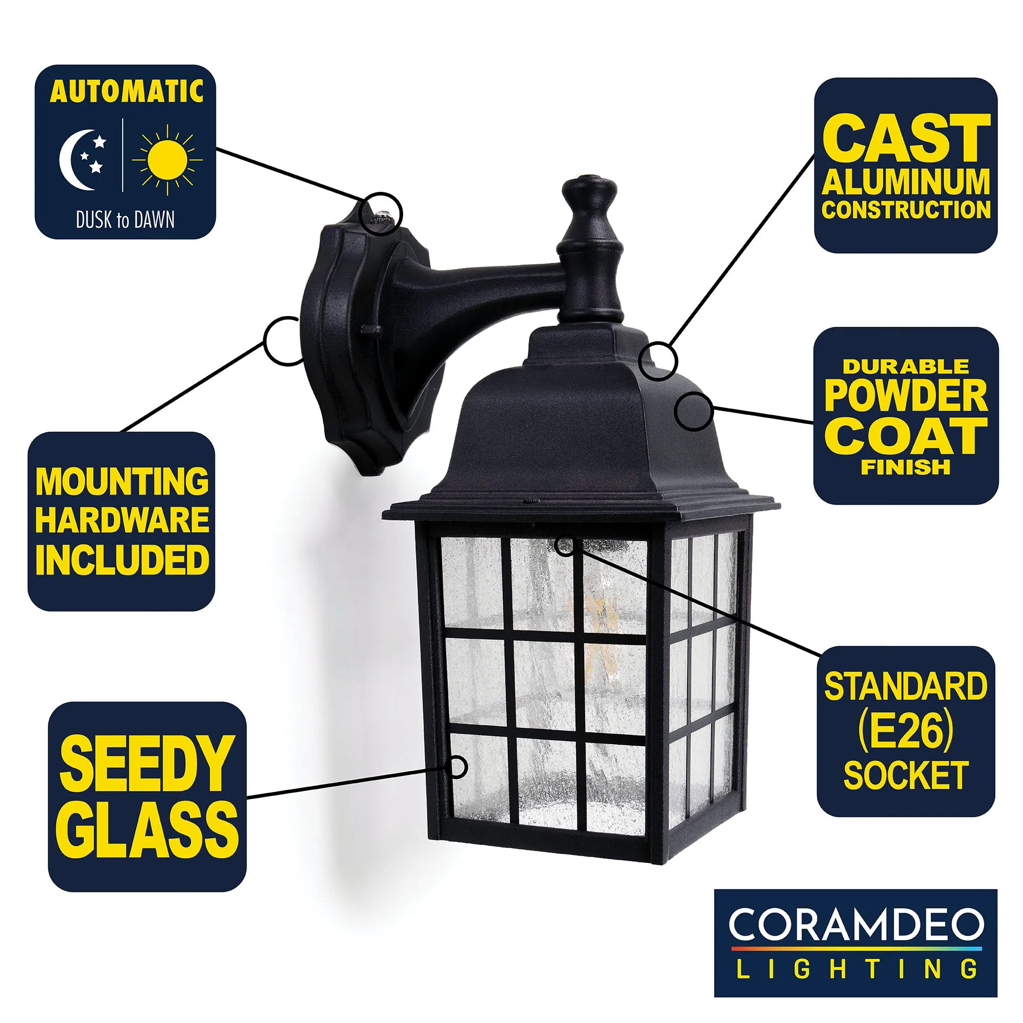 French Pane Dusk to Dawn Wall Light, E26 Standard Socket, Wet Location, Seedy Glass, Black, Smoked Steel or White Finish