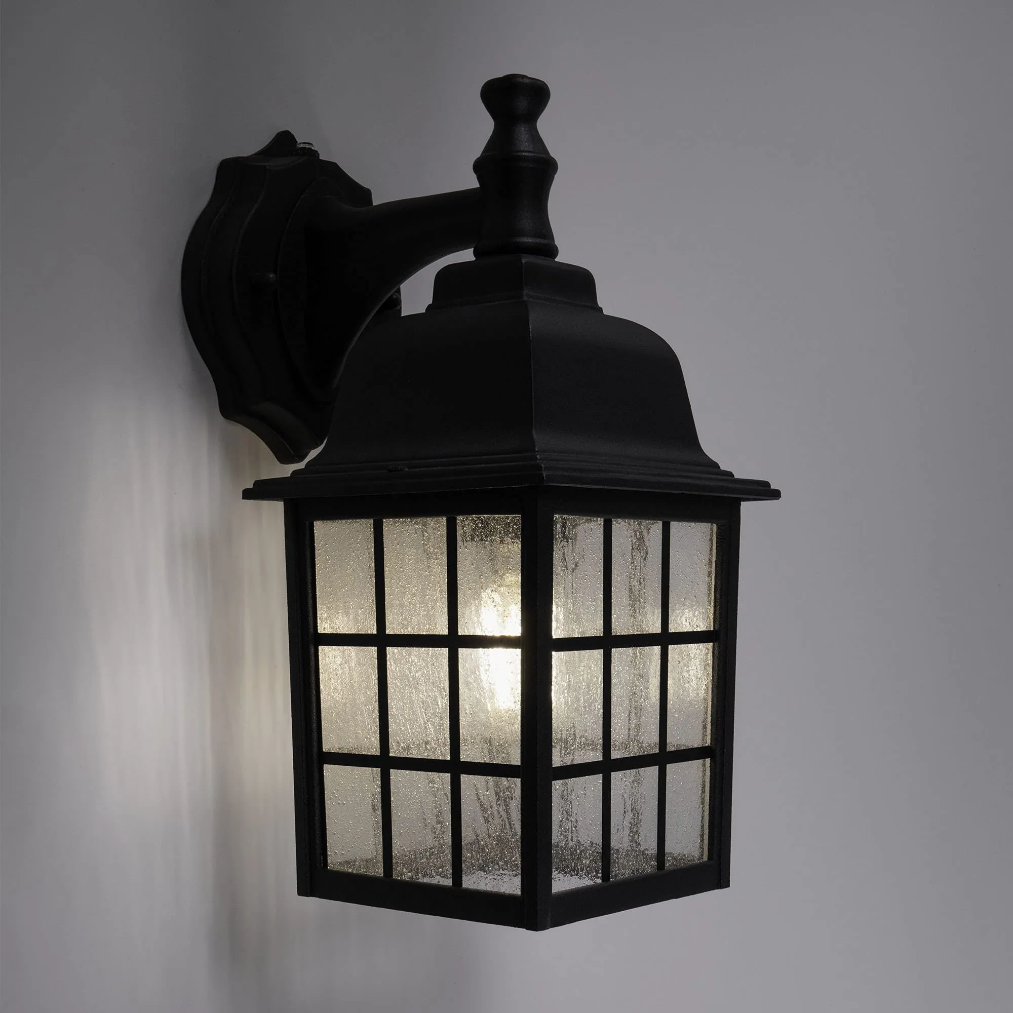 French Pane Dusk to Dawn Wall Light, E26 Standard Socket, Wet Location, Seedy Glass, Black, Smoked Steel or White Finish