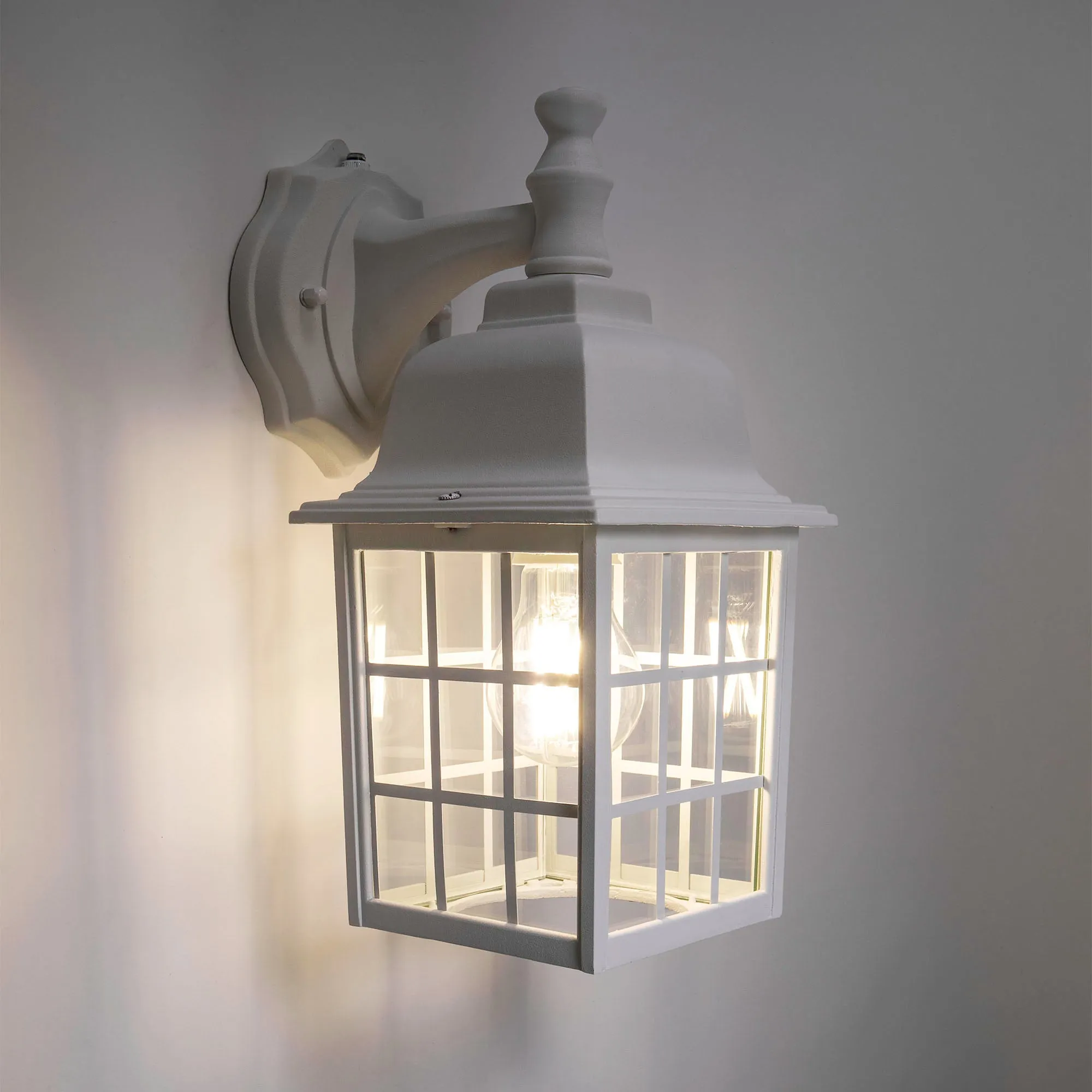 French Pane Dusk to Dawn Wall Light, E26 Standard Socket, Wet Location, Seedy Glass, Black, Smoked Steel or White Finish