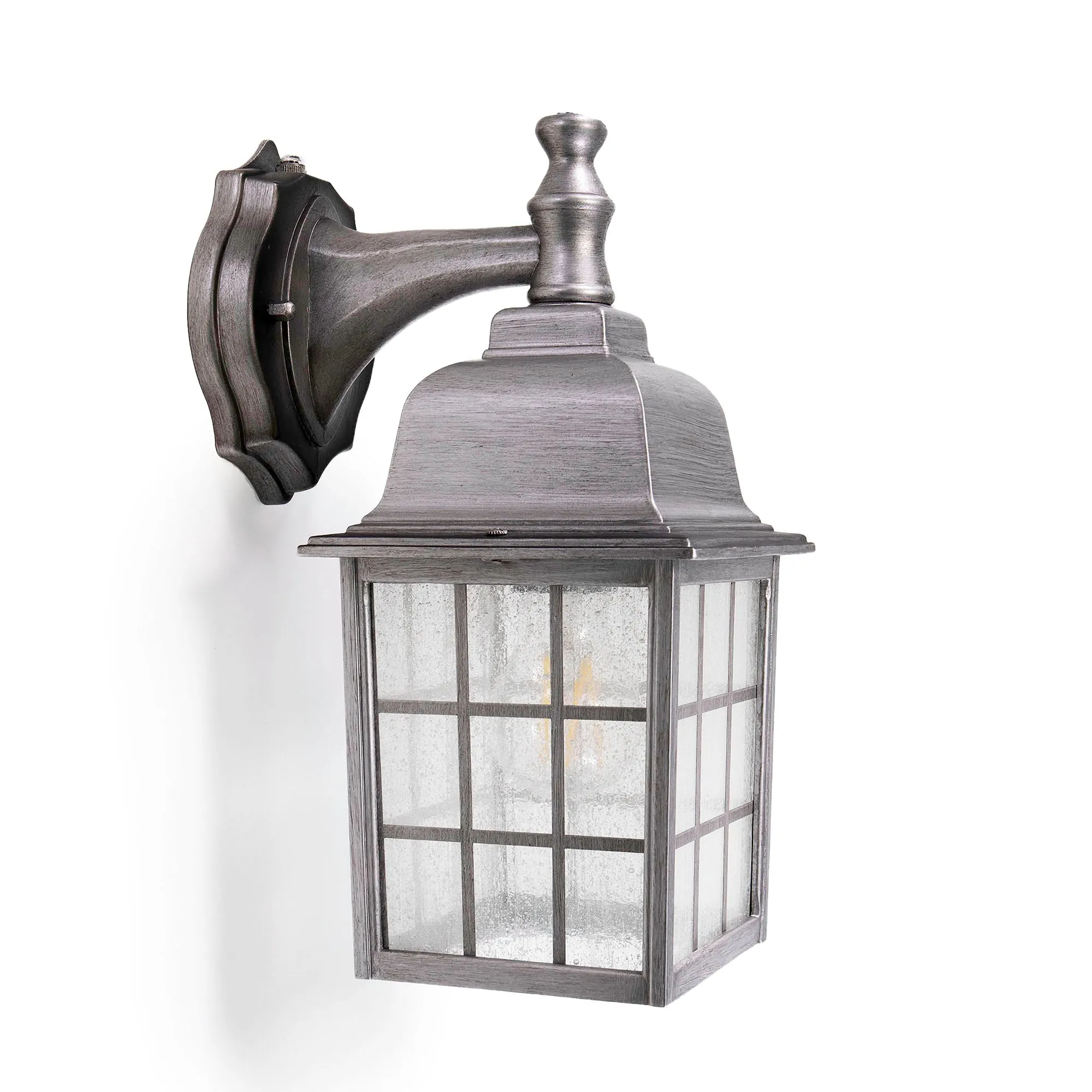 French Pane Dusk to Dawn Wall Light, E26 Standard Socket, Wet Location, Seedy Glass, Black, Smoked Steel or White Finish