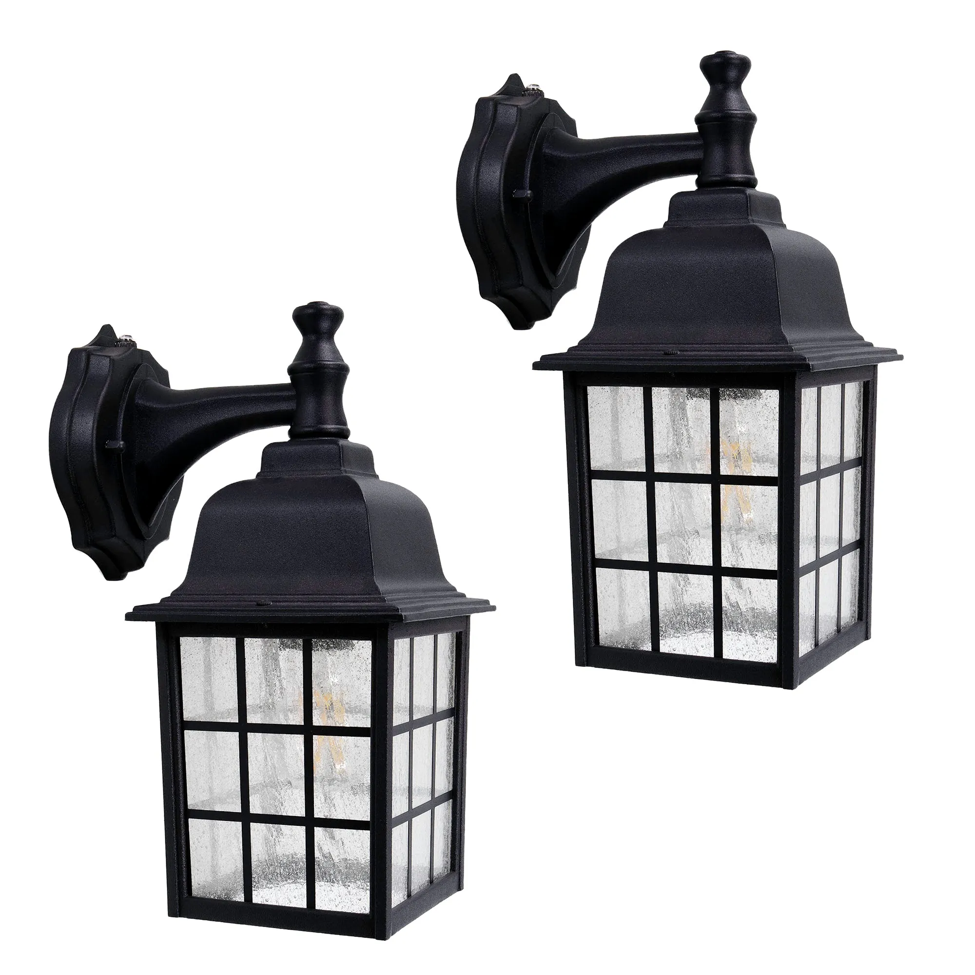 French Pane Dusk to Dawn Wall Light, E26 Standard Socket, Wet Location, Seedy Glass, Black, Smoked Steel or White Finish