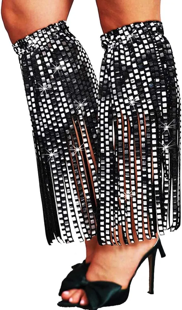 Fringe Disco Leg Warmers Black Glitter Rave Boot Covers for Women