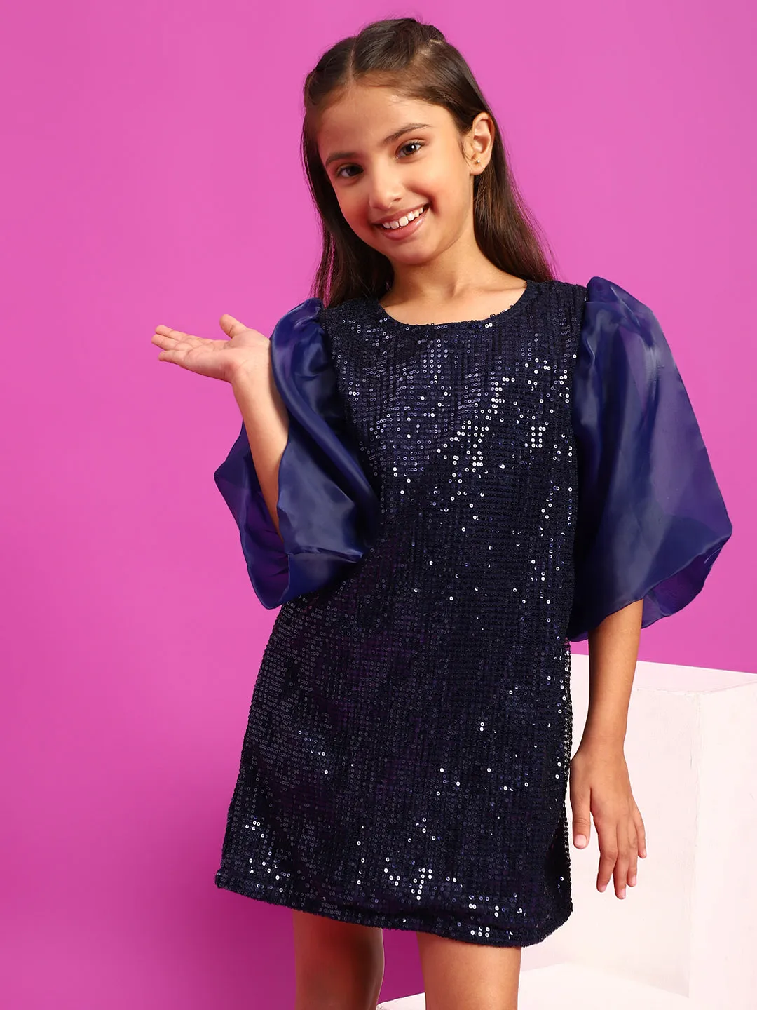 Girls Navy Blue Polyester Regular Fit Sequins Dress