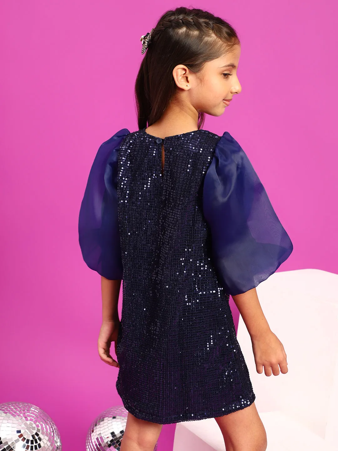 Girls Navy Blue Polyester Regular Fit Sequins Dress
