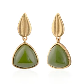 Gold Plated Natural Green Jade Earrings Elegant Triangle Birthstone Earrings with Gold Leaf Stud Earrings for Women Trendy Hypoallergenic Jade Jewelry for Gift