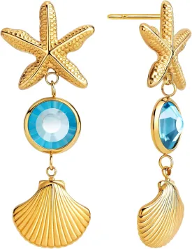 Gold Starfish Earrings 1.55" Summer Beach Jewelry Shell Drop with Blue Crystal, Stainless Steel Non-Tarnish Dangling Seashell Earrings for Women Coastal Accessories