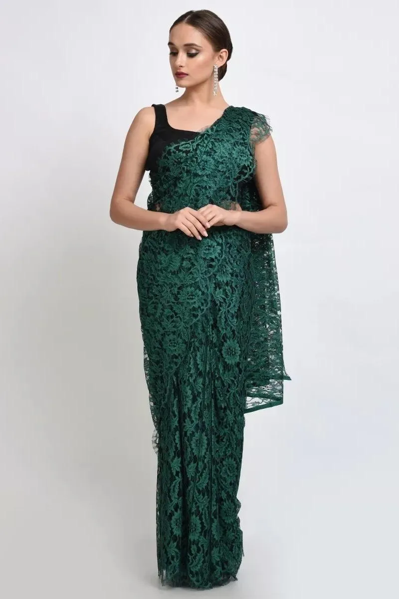 Green French Chantilly Lace Saree