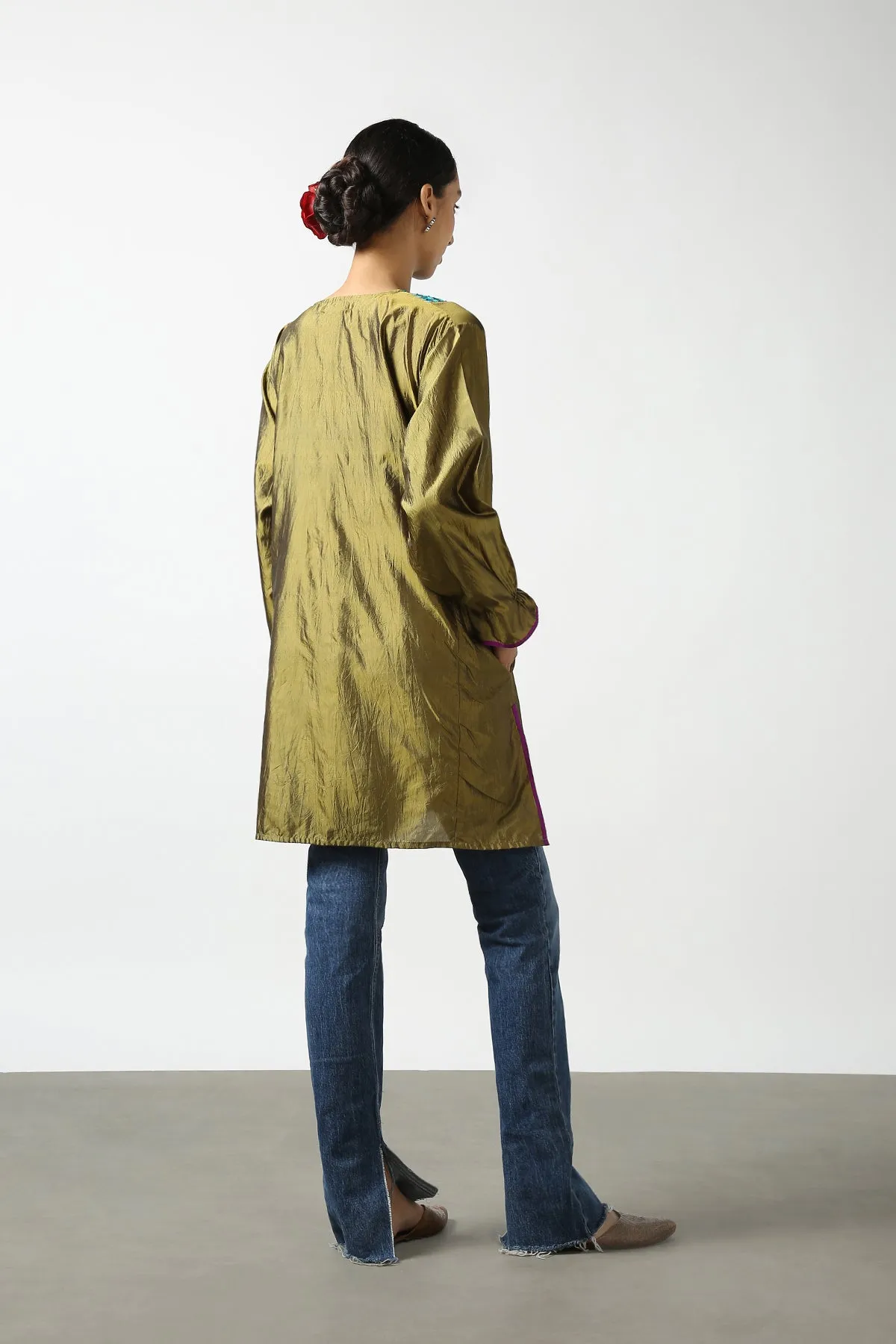 Green Raw Silk Hand Embroidered Short Phiran Top
