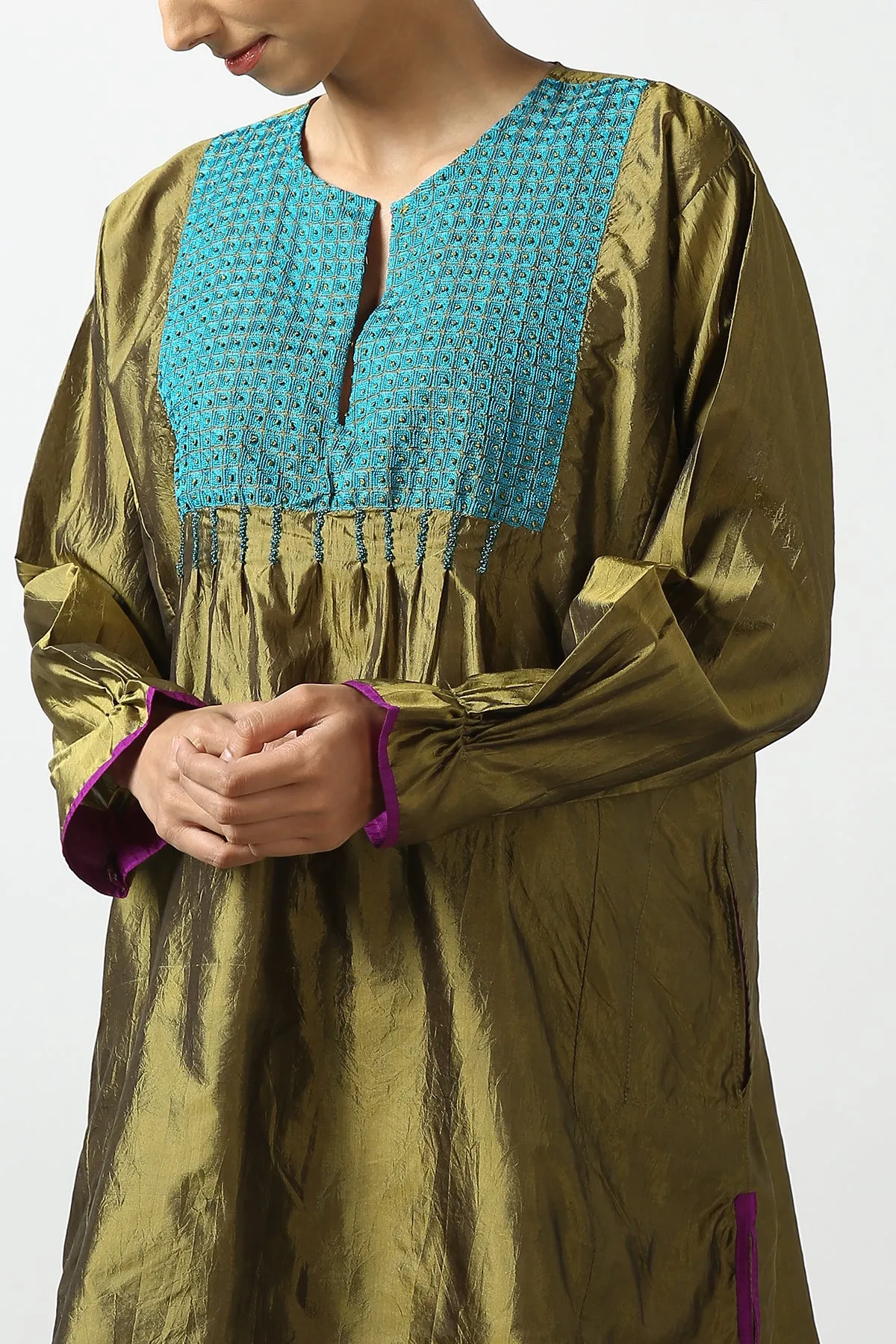 Green Raw Silk Hand Embroidered Short Phiran Top