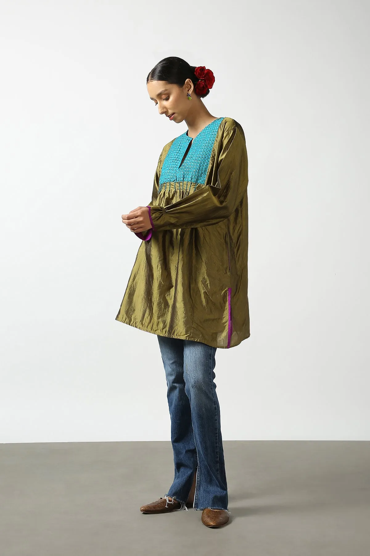 Green Raw Silk Hand Embroidered Short Phiran Top