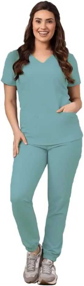 Green Town Scrubs for Women Scrub Set - Jogger Pant and V-Neck Top, 6 Pockets, Easy Care Uniforms