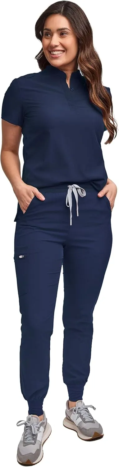 Green Town Scrubs for Women Scrub Set - Slim Fit Jogger Pant and Mandarin Collar Tuck-in Top, Easy Care Uniform