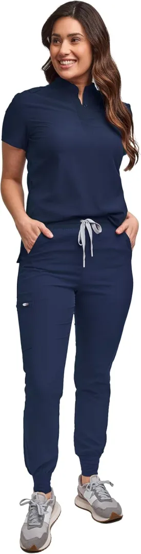 Green Town Scrubs for Women Scrub Set - Slim Fit Jogger Pant and Mandarin Collar Tuck-in Top, Easy Care Uniform