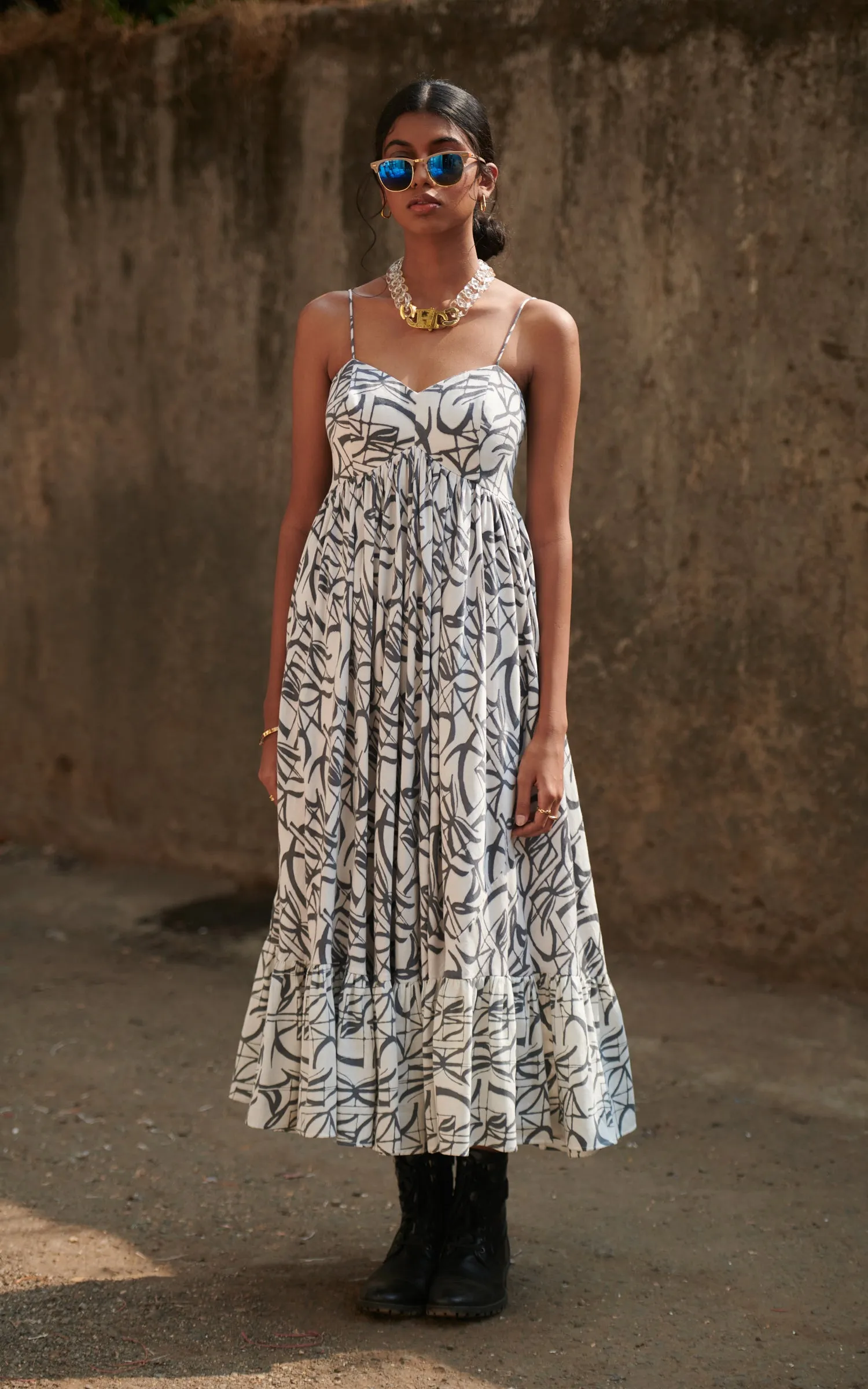 Grey Printed Midi Dress