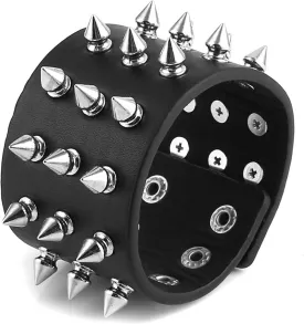 HZMAN Unisex Black Metal Spike Studded Punk Rock Biker Wide Strap Leather Bracelet