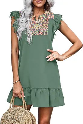 KIRUNDO Women's 2025 Summer Mini Dress Casual V Neck Floral Embroidered Ruffle Sleeveless Shift Flowy Boho Dress