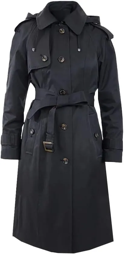 LONDON FOG Women's Black Belted Trench Coat Hooded Jacket (US, Alpha, Medium, Regular, Regular, Black)