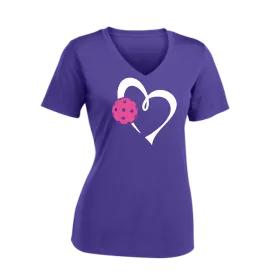 Love Pickleball Heart (Pink) | Women's Short Sleeve V-Neck Pickleball Shirts | 100% Polyester