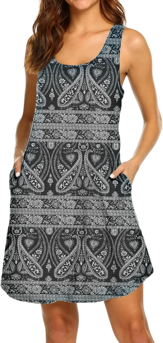 LuckyMore Womens Casual Scoop Neck Sleeveless Racerback Tunic Dress with Pockets