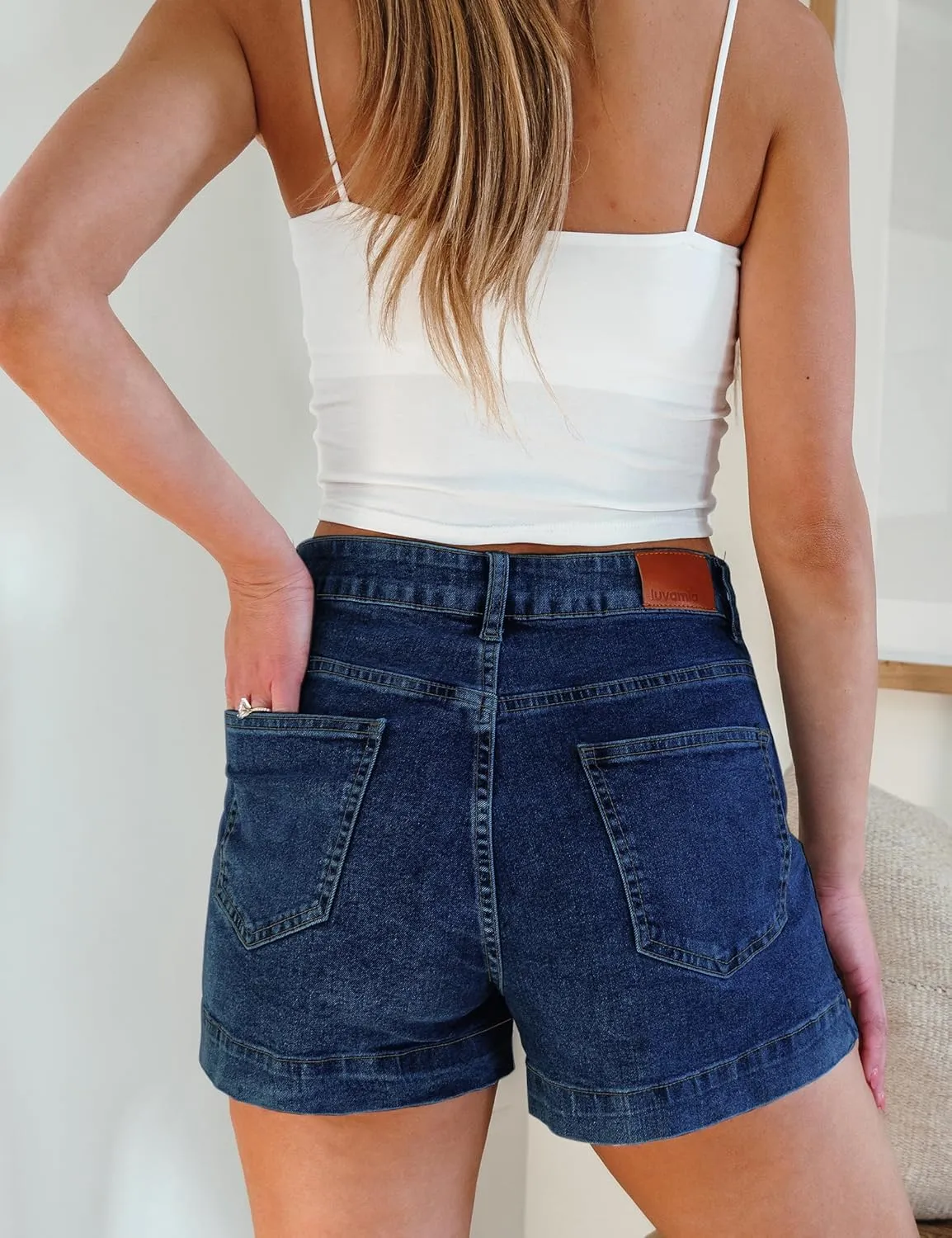 luvamia Jean Shorts for Women High Waisted Stretchy Denim Jorts Trendy Casual Distressed Cut Off Shorts with Pockets