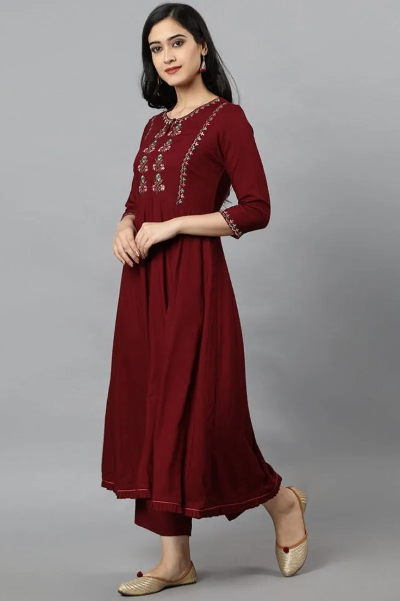 Maroon Anara Embroidered Rayon Kurta Dress