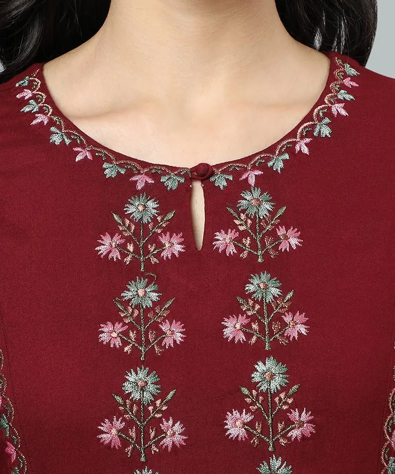 Maroon Anara Embroidered Rayon Kurta Dress