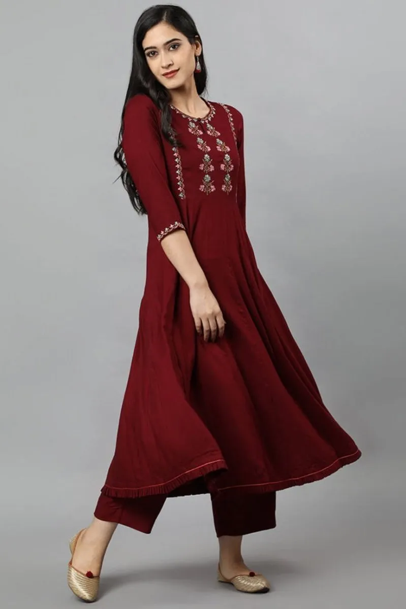 Maroon Anara Embroidered Rayon Kurta Dress