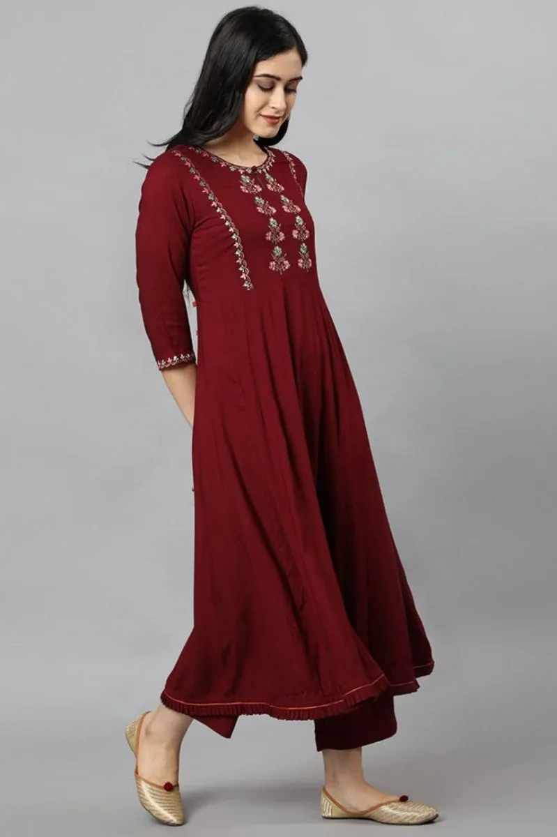 Maroon Anara Embroidered Rayon Kurta Dress