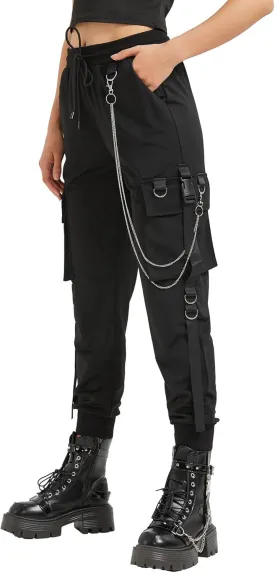 MEINVQIAOTI Black Cargo Pants for Women Techwear Women Loose Street Rock Style Casual Black Pants with Chain Goth Pants