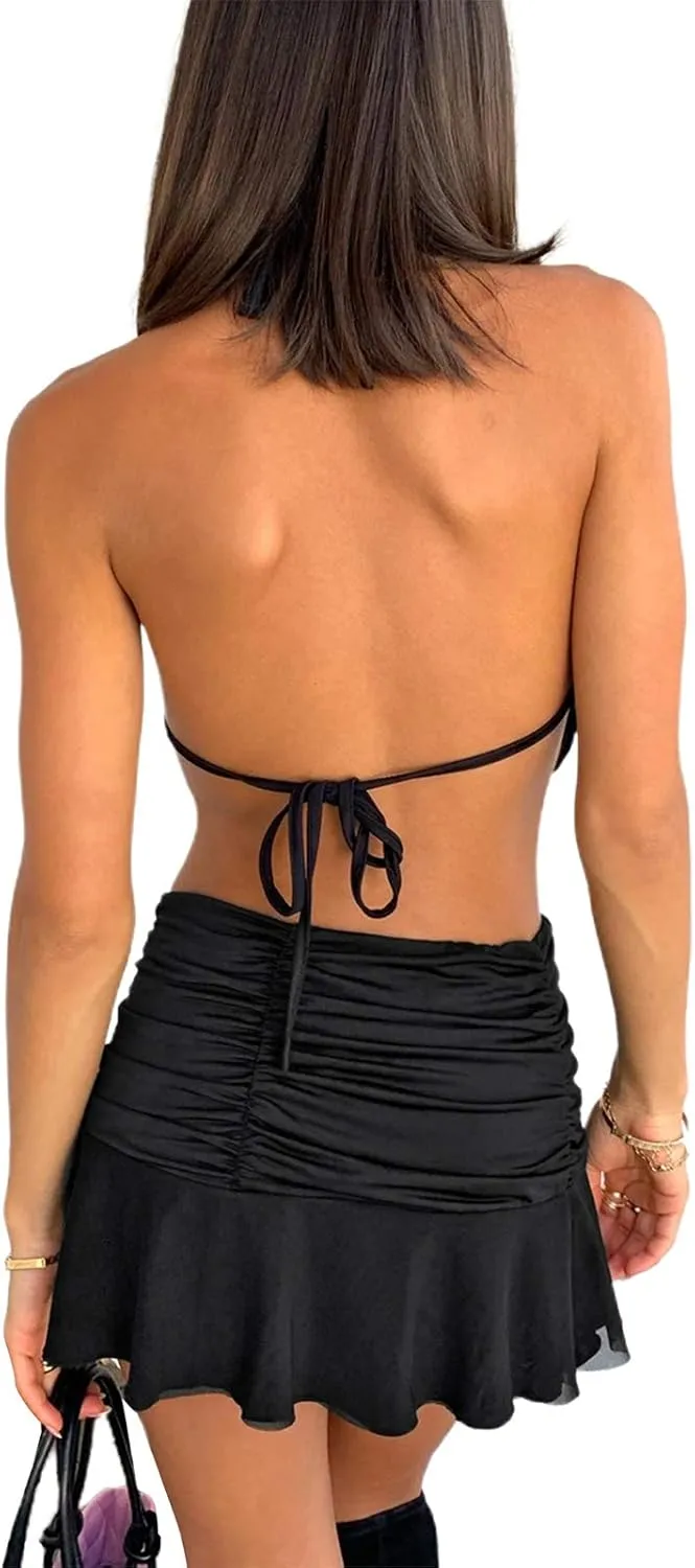 Meiweileya Women Ruched Ruffle Skirt Solid Stretch Pleated Sexy Mini Skirt Tennis Skirt for Girls