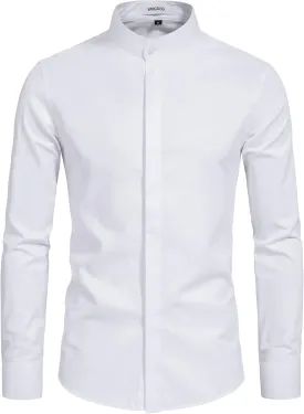 Mens Banded Collar(Mandarin Collar) Long Sleeve Casual Solid Fancy Dress Shirts