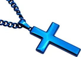 Mens Blue Stainless Steel Cross Pendant Necklace
