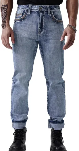 Men's Relaxed Straight Fit Jeans with Comfort Flex Classic Pants for Men Straight Leg Casual Embroidered Jeans