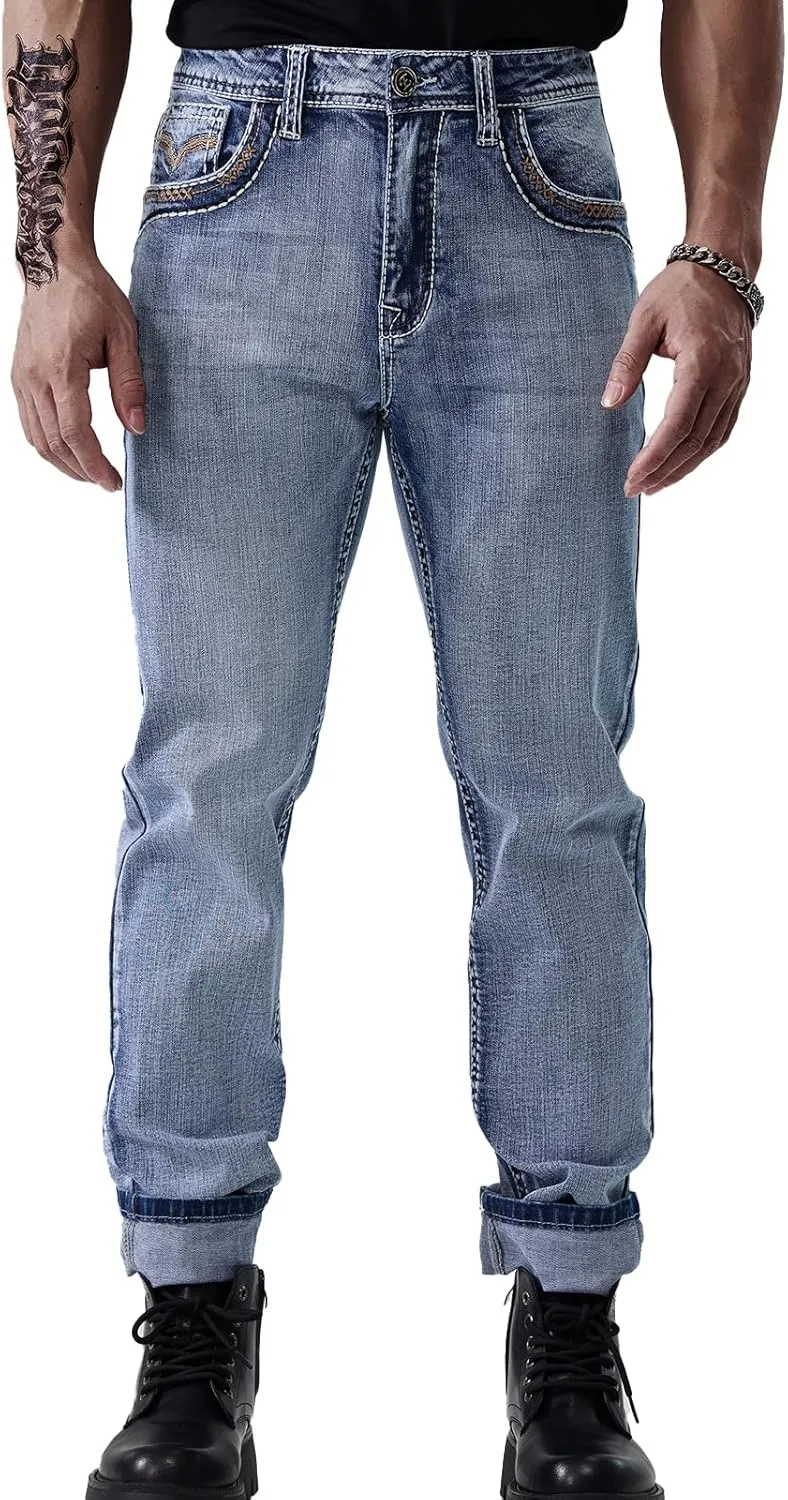 Men's Relaxed Straight Fit Jeans with Comfort Flex Classic Pants for Men Straight Leg Casual Embroidered Jeans