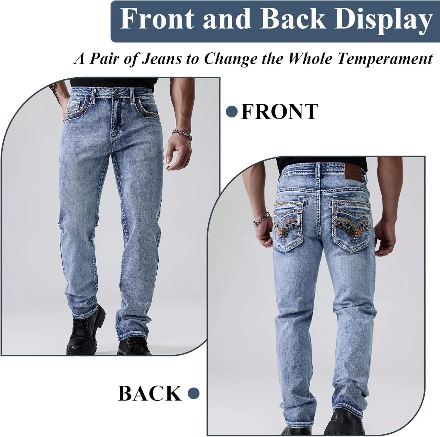 Men's Relaxed Straight Fit Jeans with Comfort Flex Classic Pants for Men Straight Leg Casual Embroidered Jeans