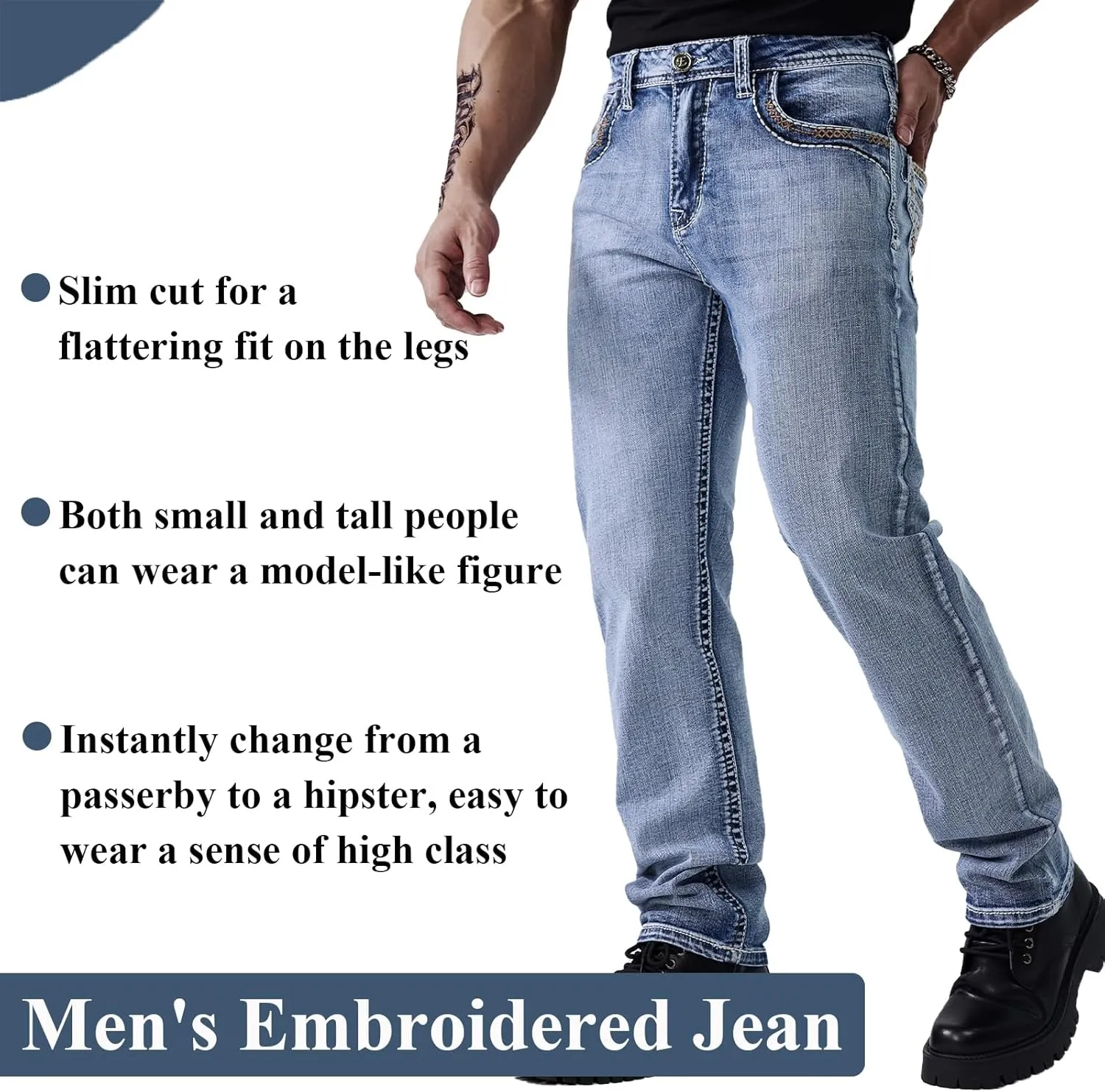 Men's Relaxed Straight Fit Jeans with Comfort Flex Classic Pants for Men Straight Leg Casual Embroidered Jeans