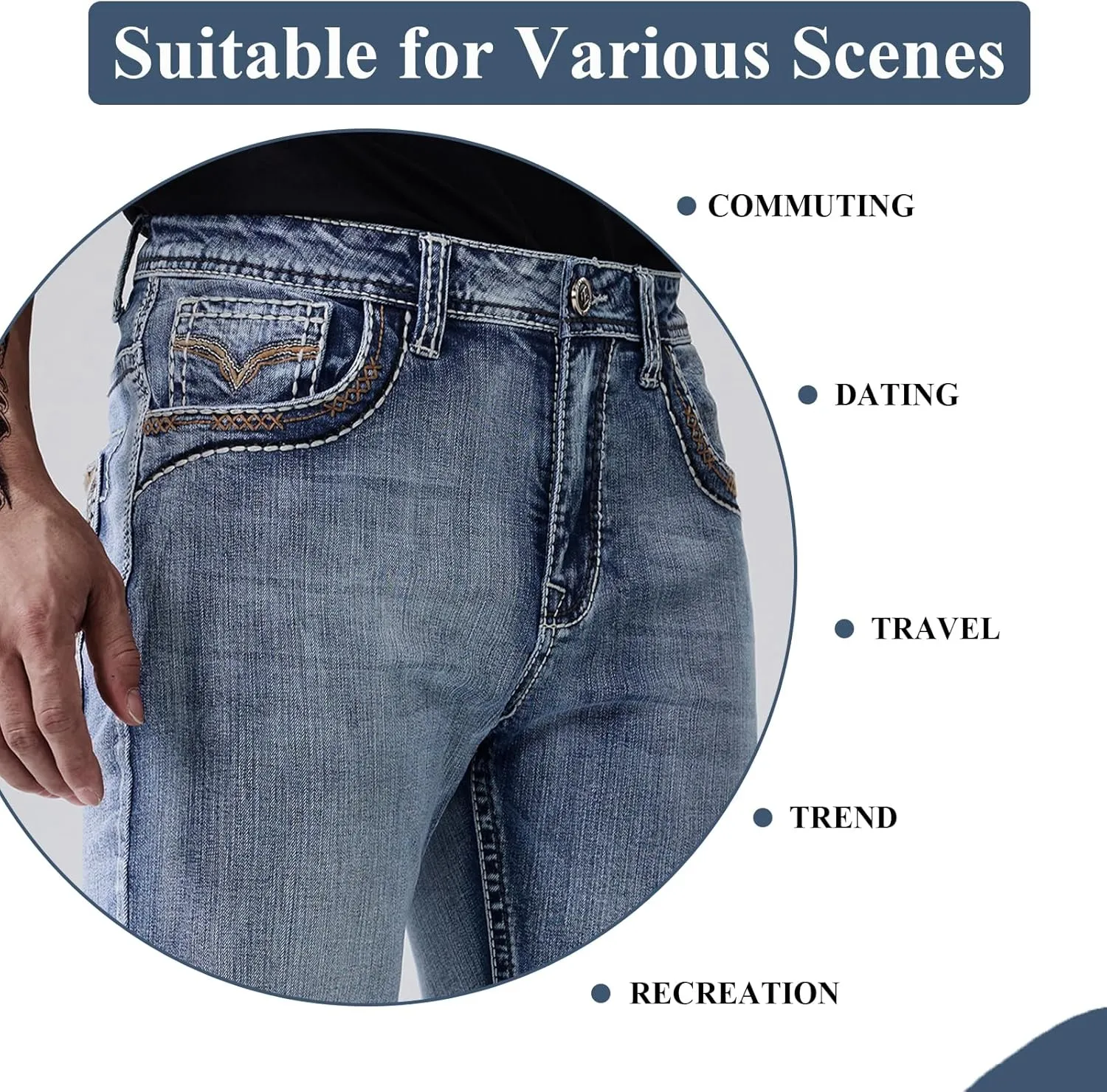Men's Relaxed Straight Fit Jeans with Comfort Flex Classic Pants for Men Straight Leg Casual Embroidered Jeans