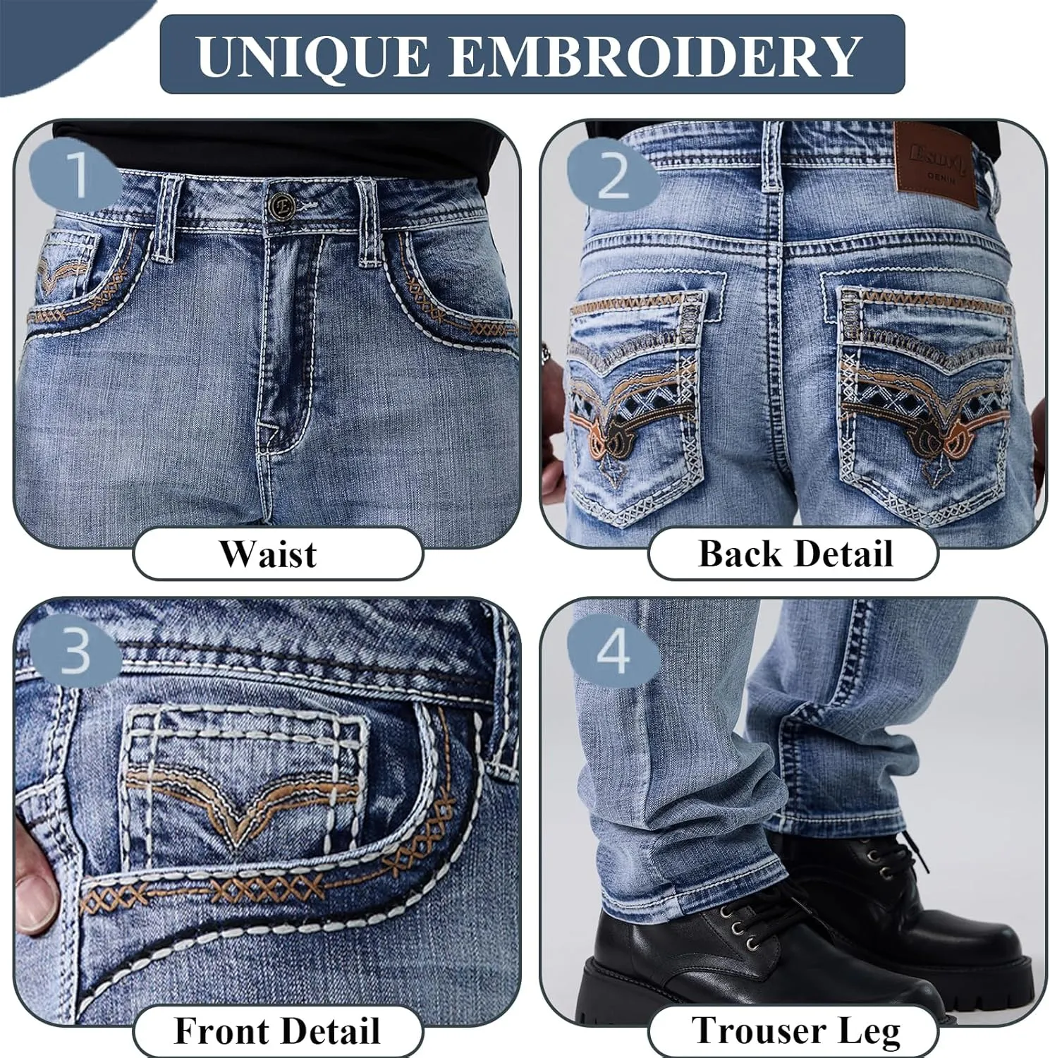 Men's Relaxed Straight Fit Jeans with Comfort Flex Classic Pants for Men Straight Leg Casual Embroidered Jeans