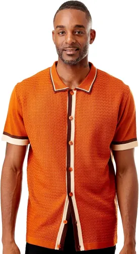 Mens Short Sleeve Knit Sports Shirt - Modern Polo Vintage Classics: Solid Geometric Jacquard with Color Tipping