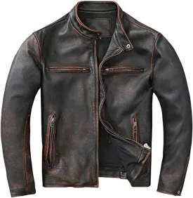 Mens Vintage Cafe Racer Motorcycle Distressed Biker Leather Jacket