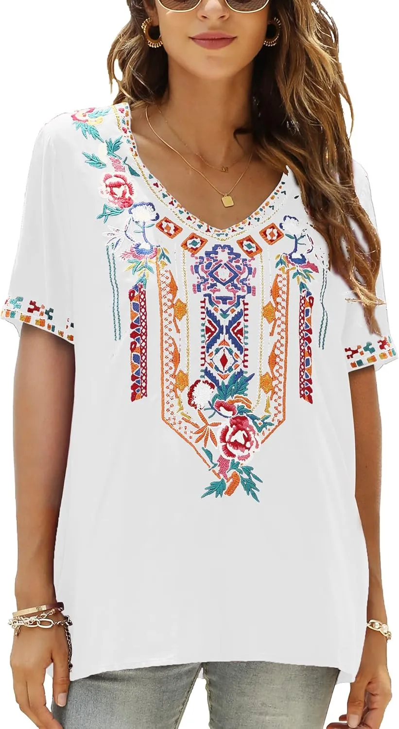 Mexican Embroidered Tops for Women Summer Short Sleeve Boho Shirts Peasant Blouses, Loose Fitting Bohemian Top Hippie Clothes