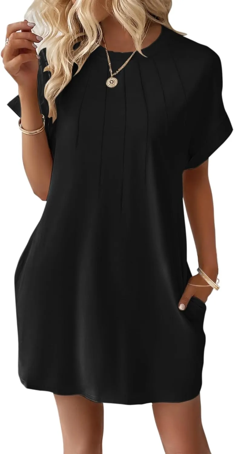 Minclouse Women's Casual Cap Short Sleeves Mini Dresses Cute Pleated T Shirt Dress with Pockets