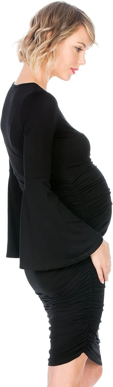 My Bump Women's Maternity Dress - Printed Fitted Stretch Bell Sleeve W/Ruched
