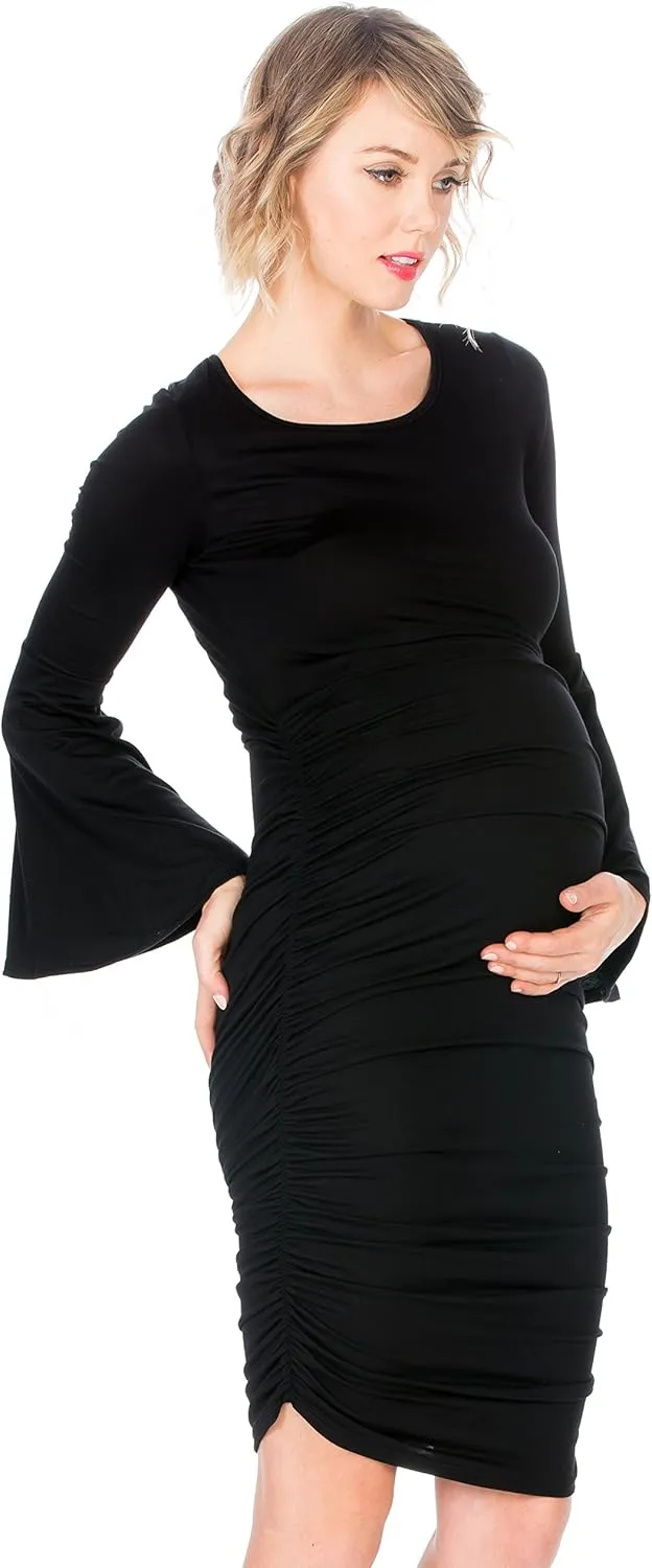 My Bump Women's Maternity Dress - Printed Fitted Stretch Bell Sleeve W/Ruched