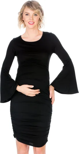 My Bump Women's Maternity Dress - Printed Fitted Stretch Bell Sleeve W/Ruched