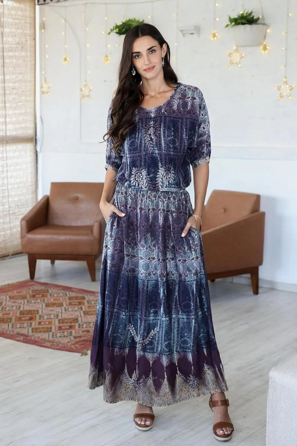 NOVICA Embroidered Viscose Maxi Skirt, Jaipur Twilight'