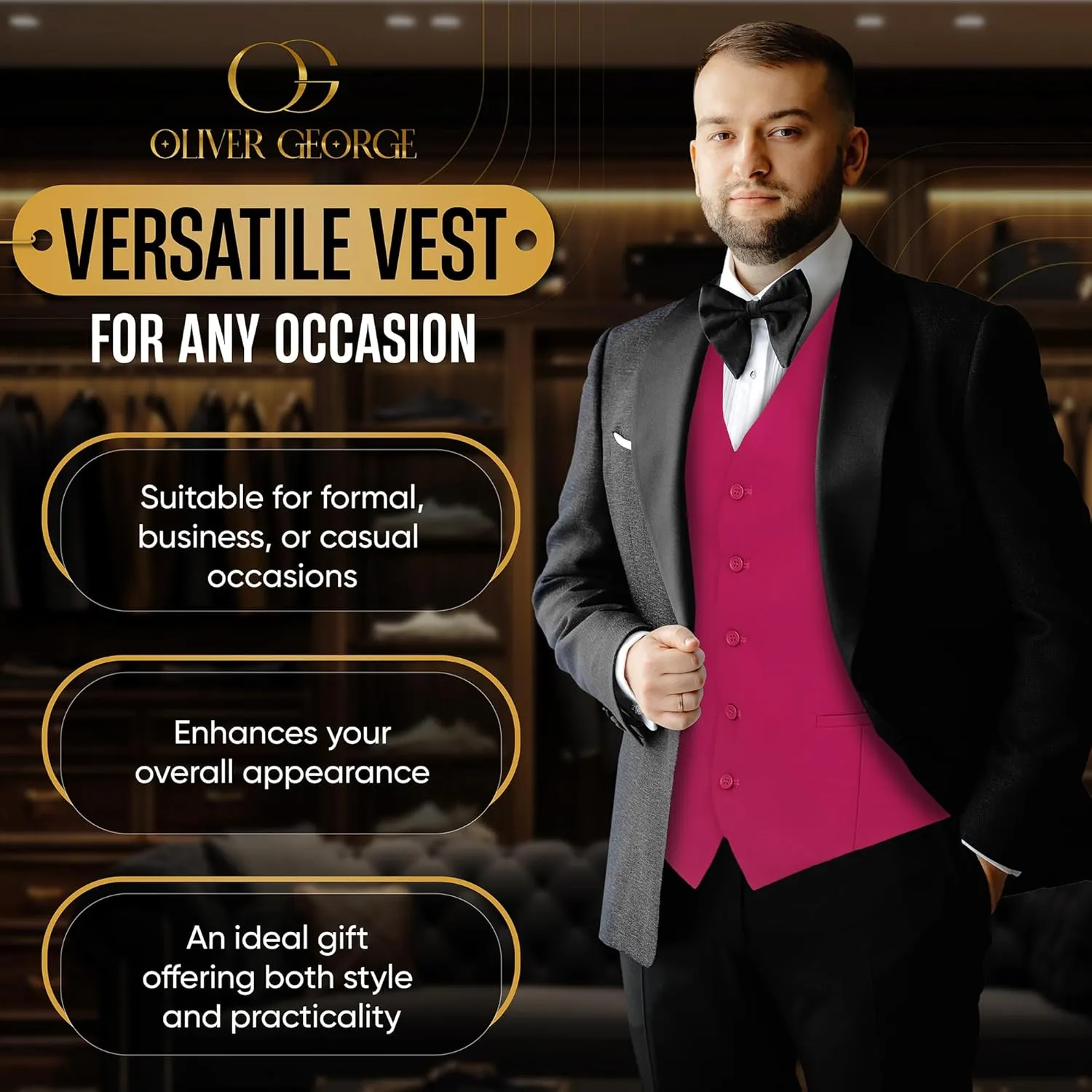 Oliver George Men's Solid Formal Business Dress Vest Waistcoat Vest for Suit or Tuxedo