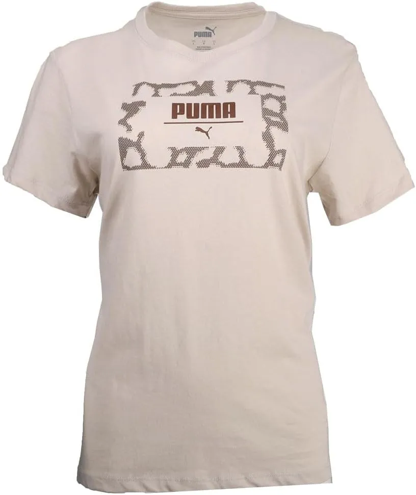 PUMA Womens Cheetah Box Crew Neck Short Sleeve Casual Tops Casual - Beige - Size L