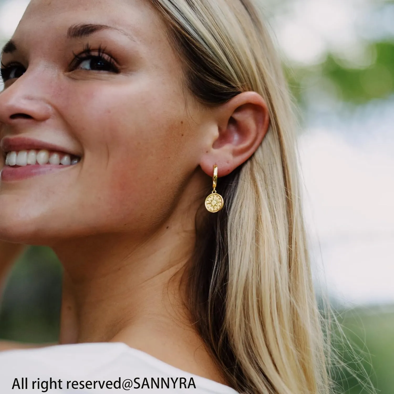 SANNYRA Gold Coin Earrings, Gold Huggie Dangle Earrings for Women, 14K Gold Plated Charm Dainty Hoop Jewelry