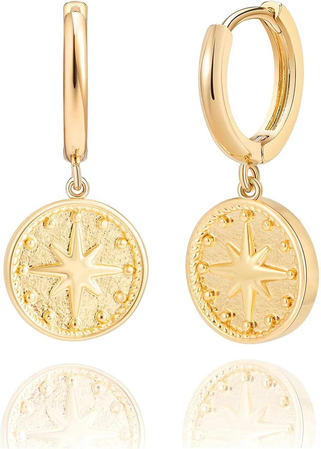 SANNYRA Gold Coin Earrings, Gold Huggie Dangle Earrings for Women, 14K Gold Plated Charm Dainty Hoop Jewelry